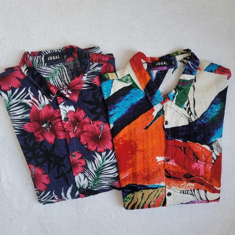 Pair Of Jogal Mens Bright Colorful Hawaiian Floral Shirts. Short Sleeve. 2xl